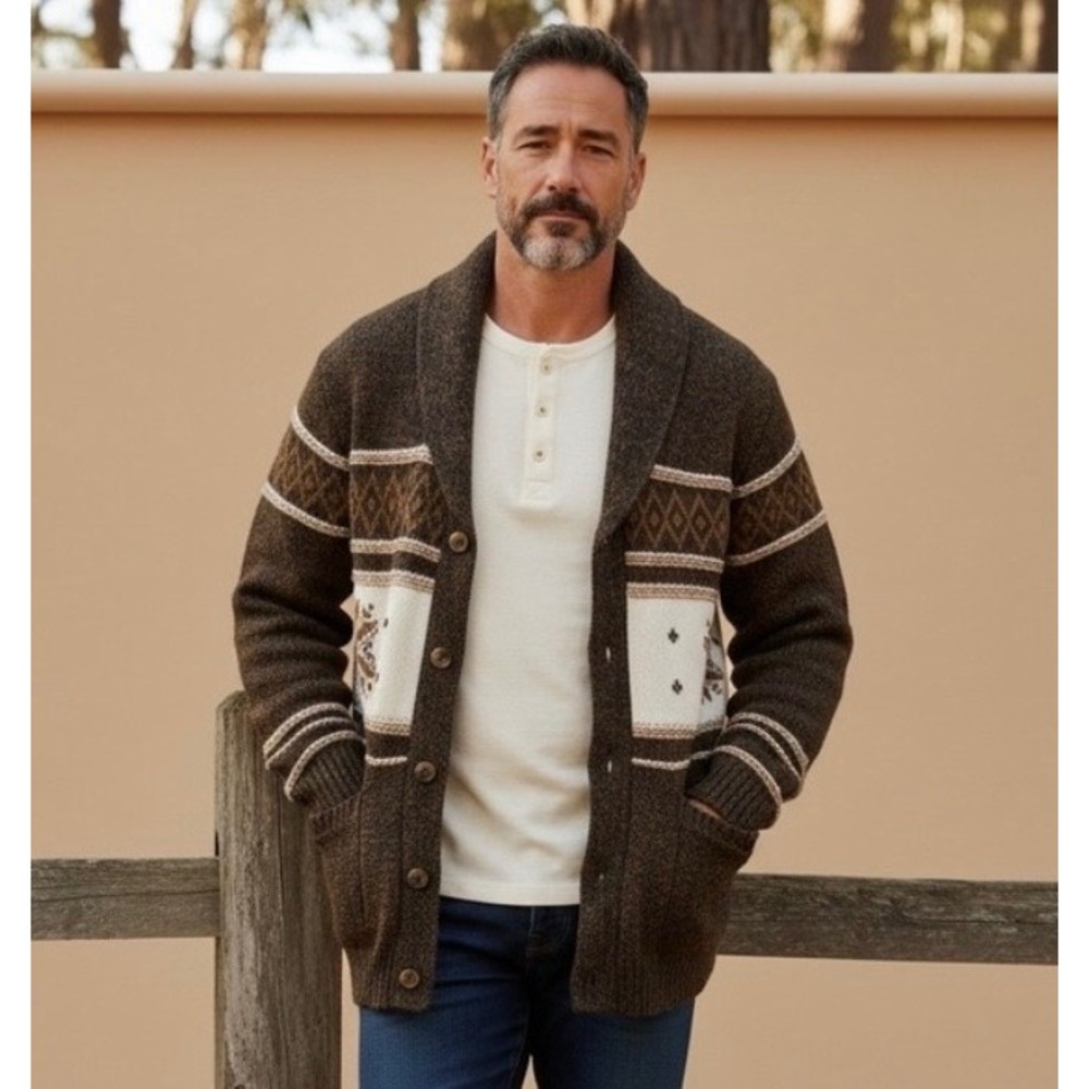 Mountain Ridge Men XXL Brown Fair Isle Shawl Collar Cardigan Sweater Core Brown